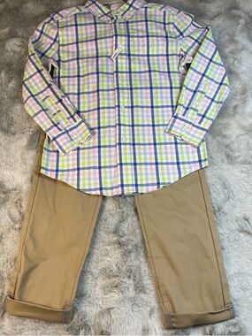 Wonder Nation Pastel Plaid Button-Up Shirt with Tan Pants-0067